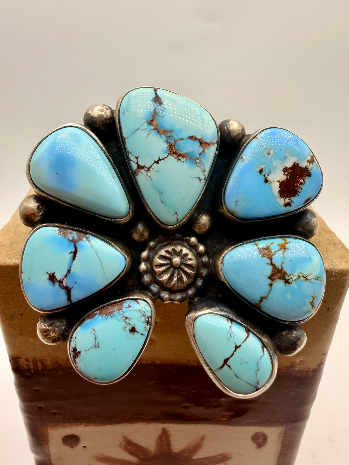 Seven-stone Golden Hills turquoise adjustable cluster ring by Navajo artist Travis Jim