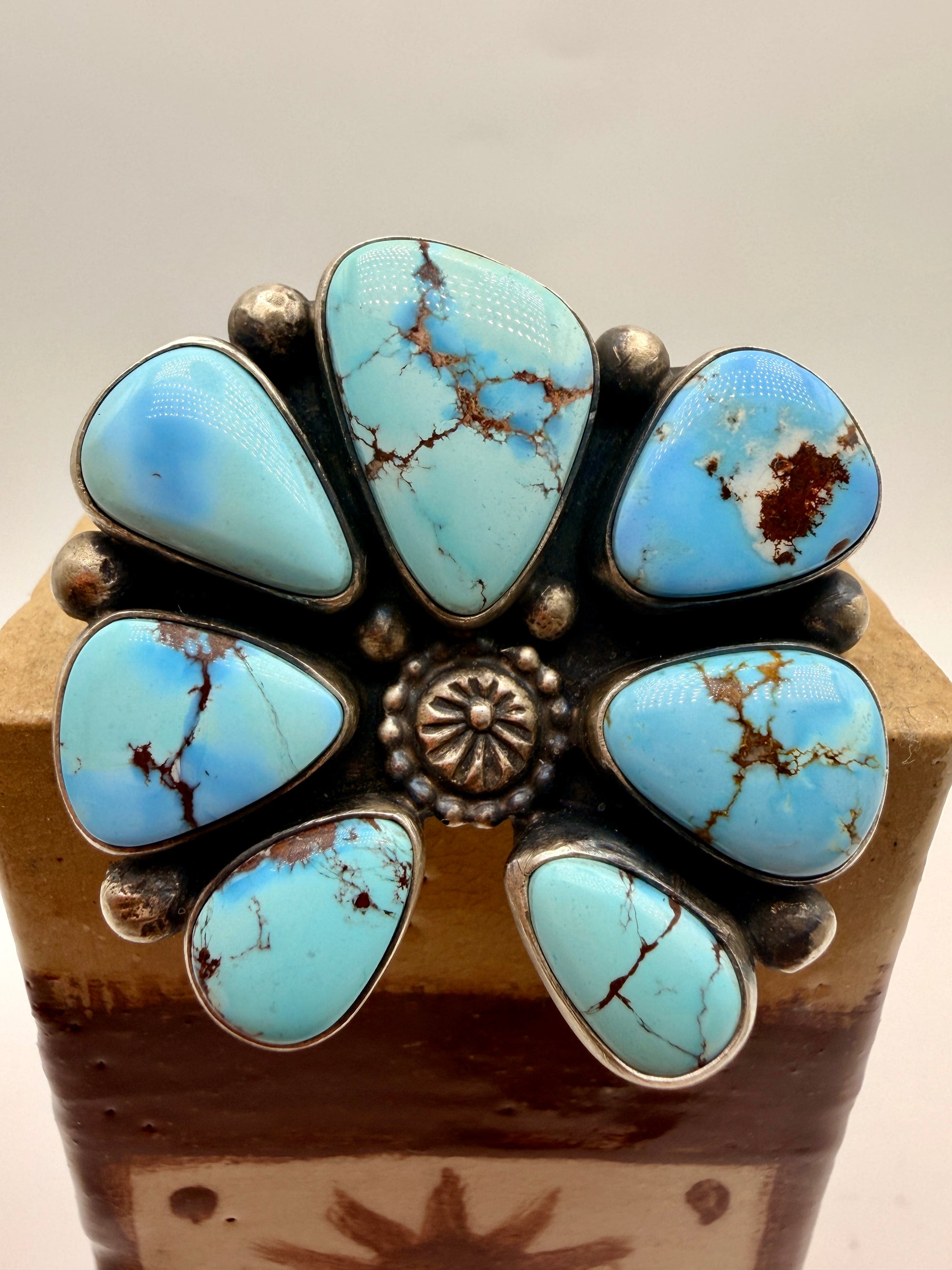 Seven-stone Golden Hills turquoise adjustable cluster ring by Navajo artist Travis Jim