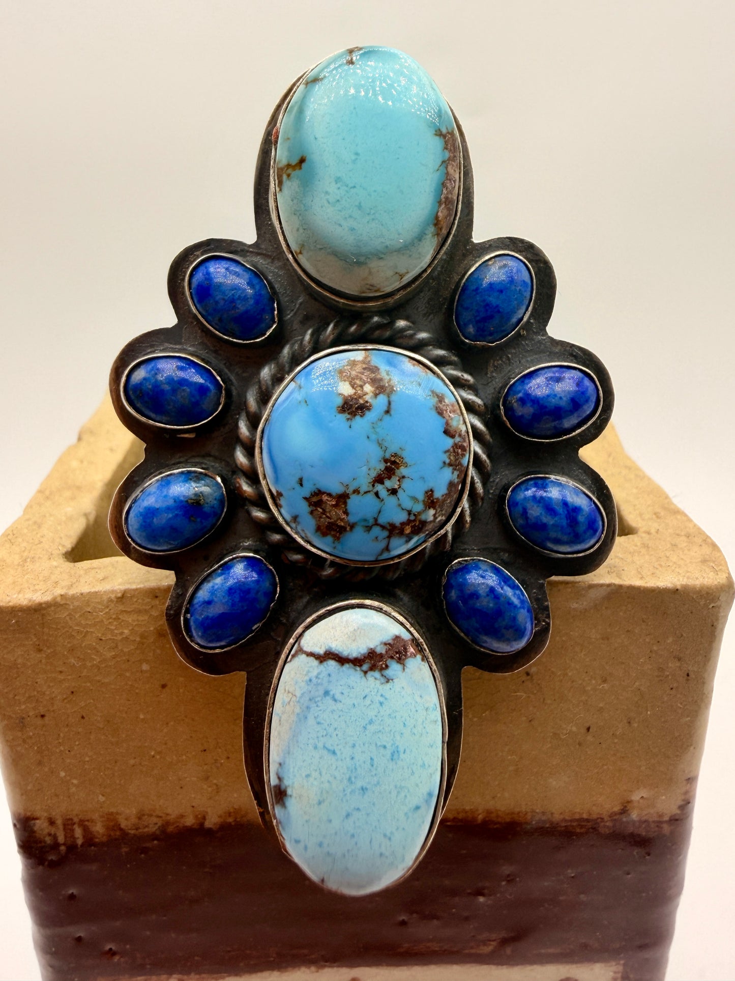 Golden Hills turquoise and lapis lazuli sterling silver statement ring, size 8.5