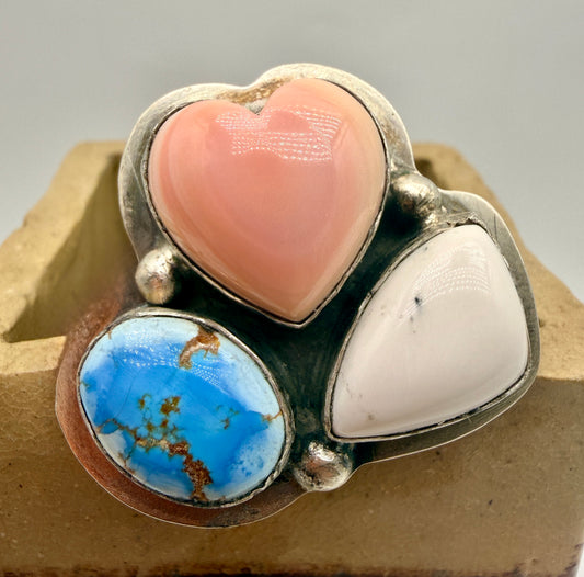 Lyle Piaso Golden Hills turquoise, pink conch shell and White Buffalo sterling silver ring