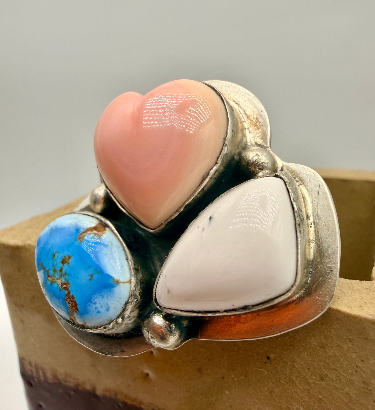 Lyle Piaso Golden Hills Turquoise, Conch Shell & White Buffalo Sterling Silver Ring