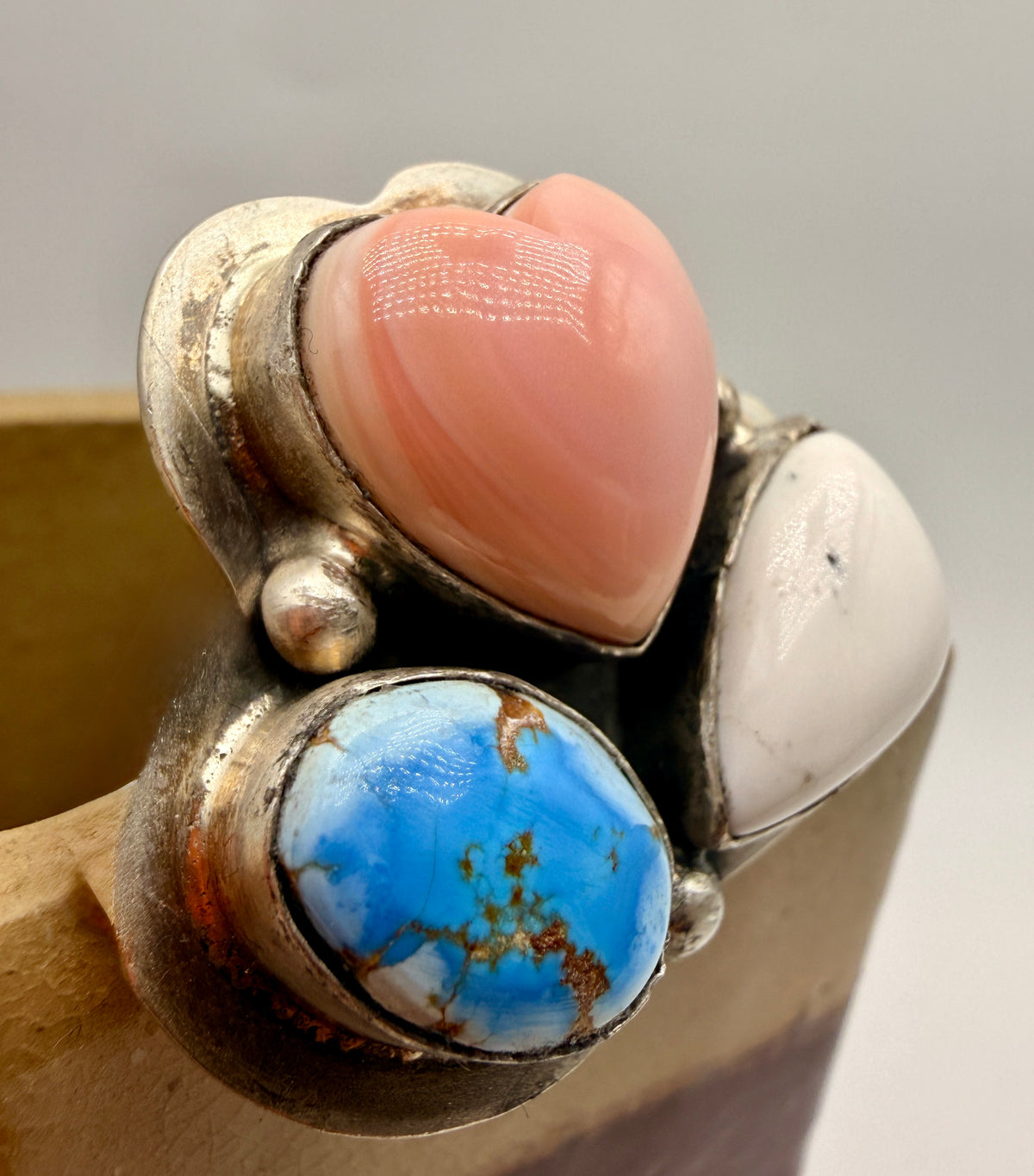 Lyle Piaso Golden Hills Turquoise, Conch Shell & White Buffalo Sterling Silver Ring