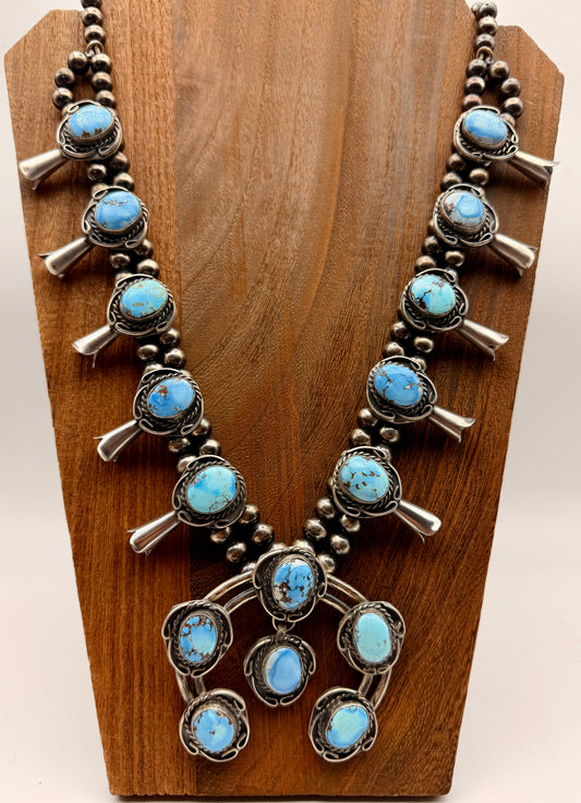 Gilbert Nez Golden Hills turquoise sterling silver squash blossom necklace