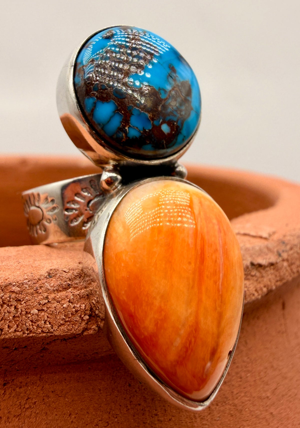 Egyptian Turquoise & Spiny Oyster Adjustable Sterling Silver Statement Ring