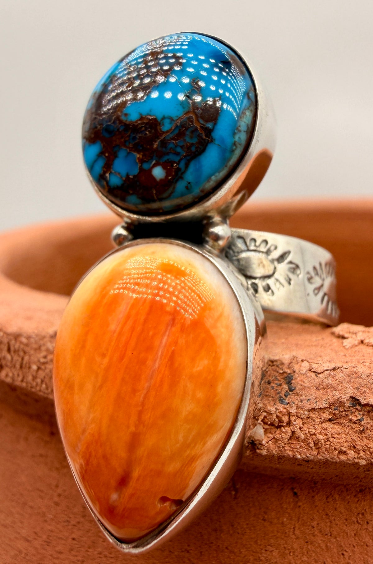 Egyptian Turquoise & Spiny Oyster Adjustable Sterling Silver Statement Ring