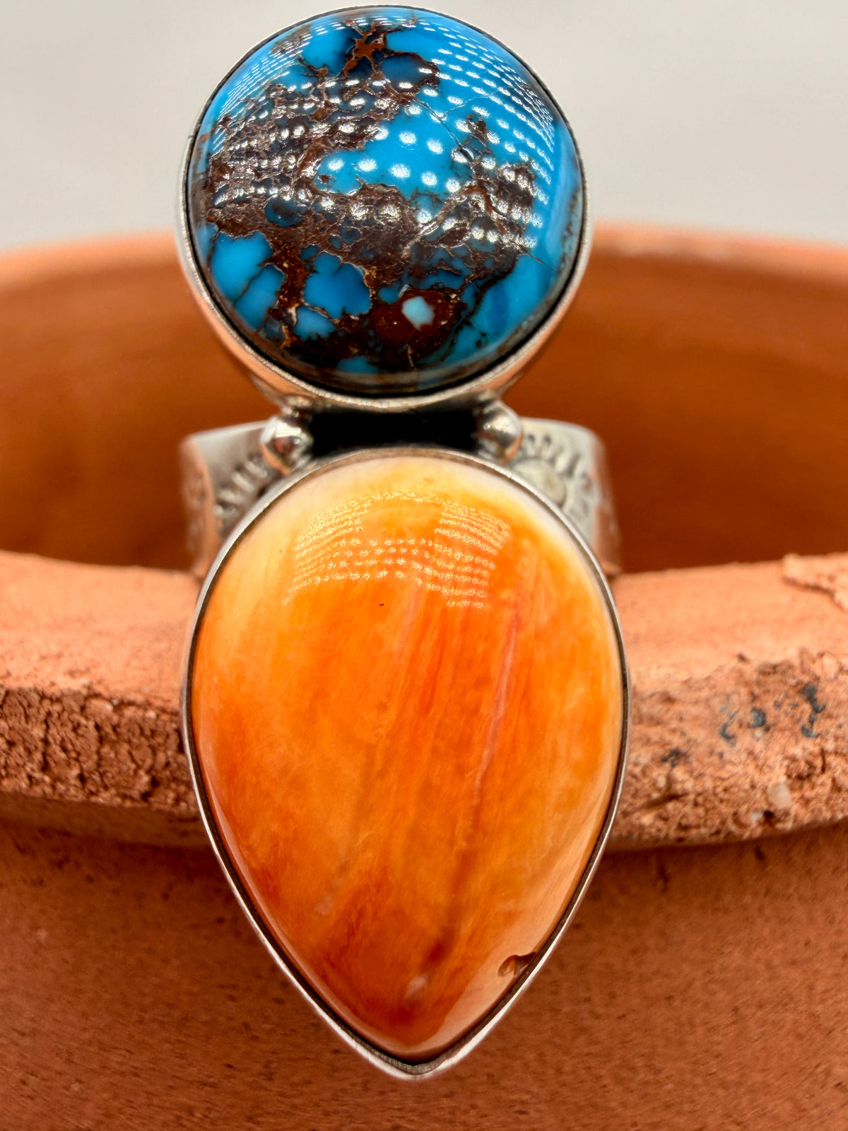 One-of-a-kind Egyptian Turquoise and Spiny Oyster adjustable silver ring