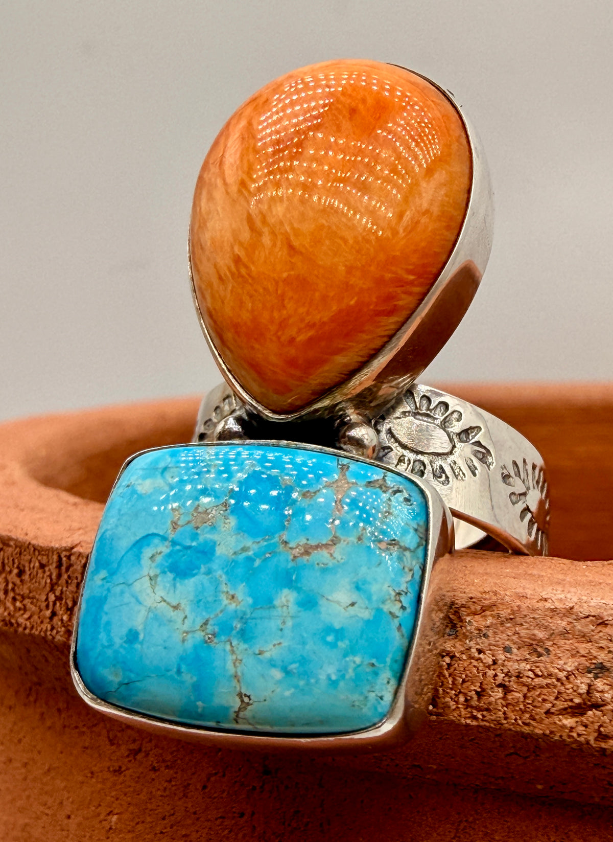 Kingman Turquoise & Spiny Oyster Adjustable Sterling Silver Statement Ring