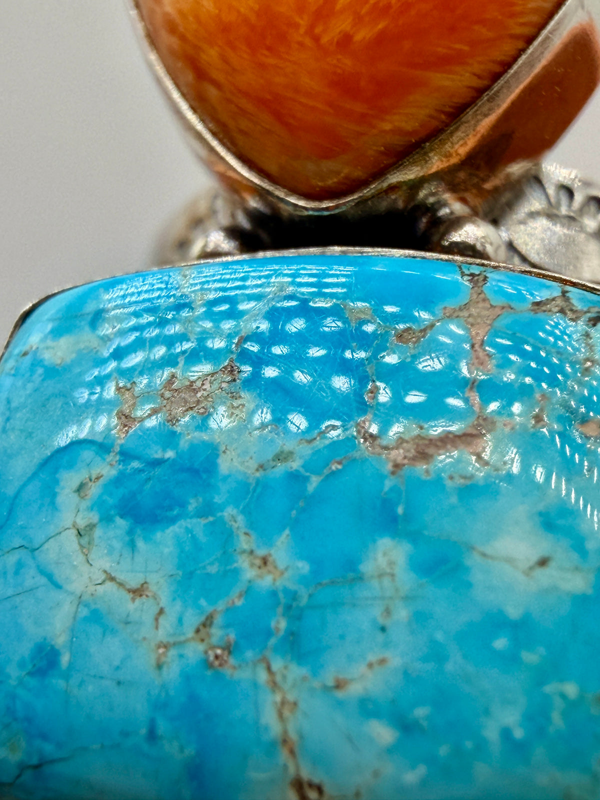Close-up of natural Kingman Turquoise matrix in sterling silver ring