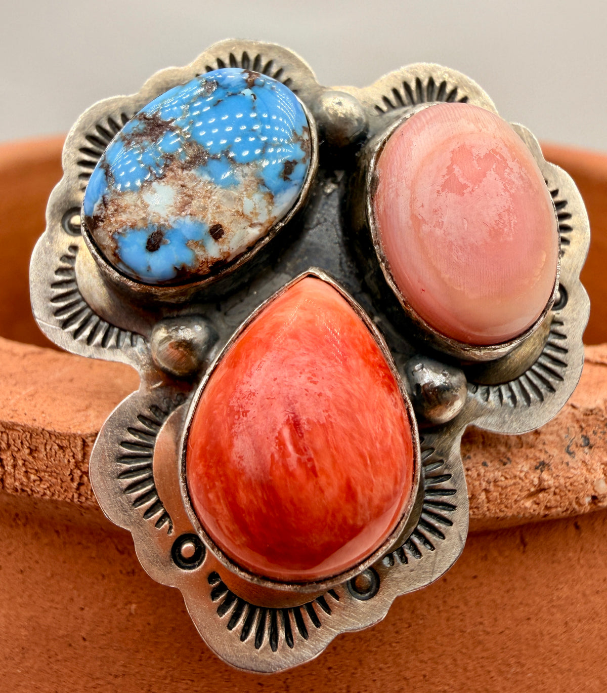 Lyle Piaso Golden Hills Turquoise, Spiny Oyster & Pink Conch Sterling Silver Ring