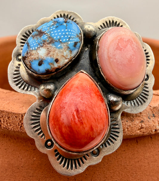 Lyle Piaso Golden Hills Turquoise, Spiny Oyster & Pink Conch Sterling Silver Ring