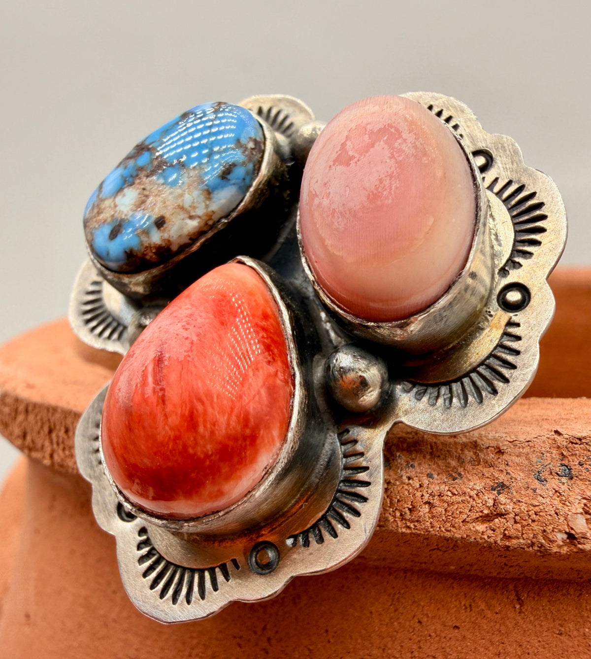 Lyle Piaso Golden Hills Turquoise, Spiny Oyster & Pink Conch Sterling Silver Ring