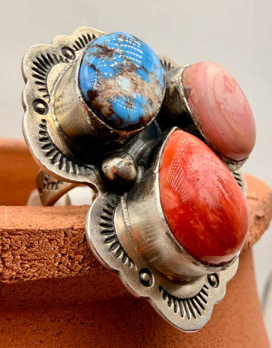 Lyle Piaso Golden Hills Turquoise, Spiny Oyster & Pink Conch Sterling Silver Ring