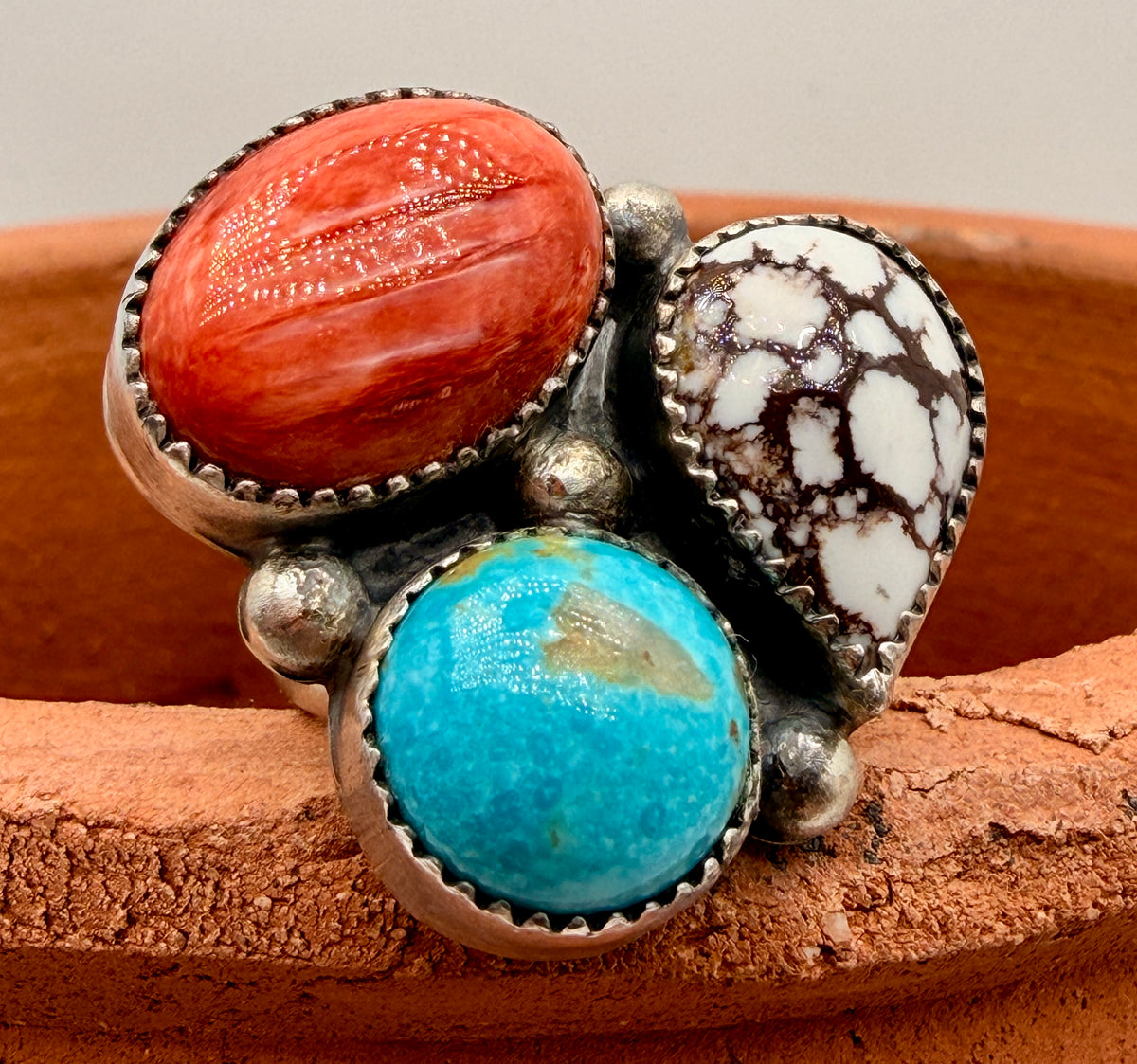 Sleeping Beauty Turquoise, Spiny Oyster and Wild Horse sterling silver ring