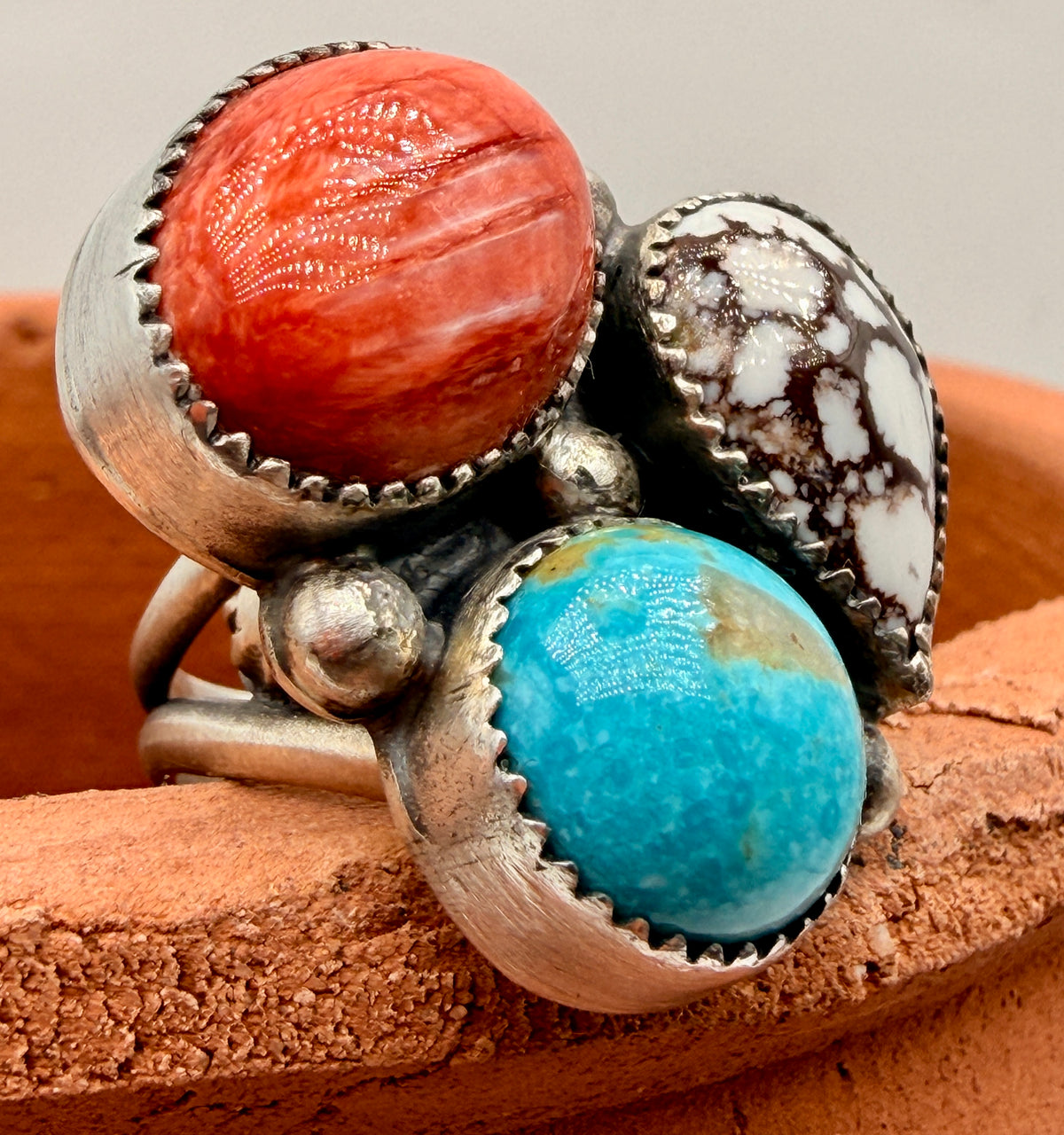 Sleeping Beauty Turquoise, Spiny Oyster & Wild Horse Sterling Silver Adjustable Ring