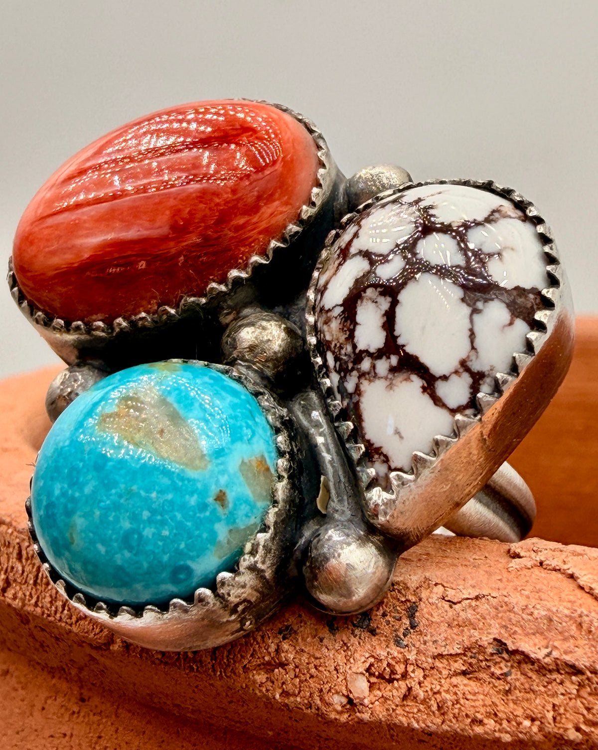 Sleeping Beauty Turquoise, Spiny Oyster & Wild Horse Sterling Silver Adjustable Ring