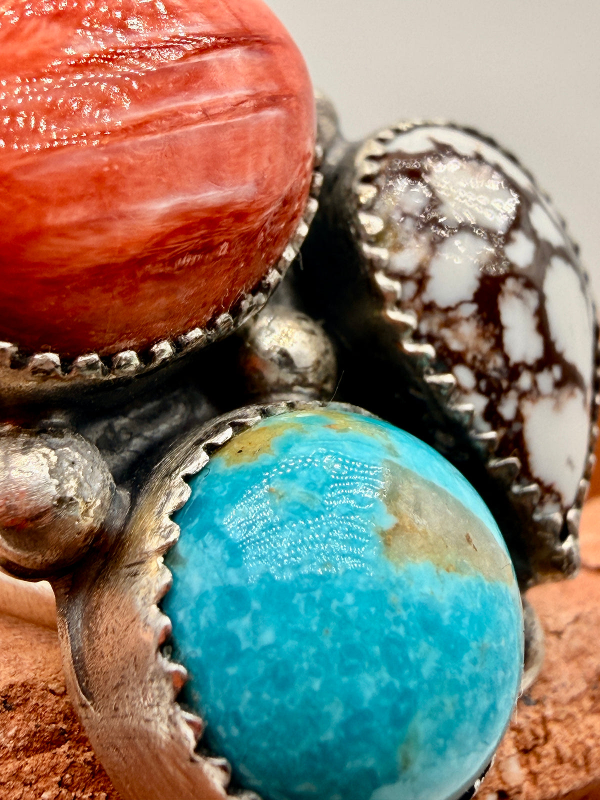 Sleeping Beauty Turquoise, Spiny Oyster & Wild Horse Sterling Silver Adjustable Ring