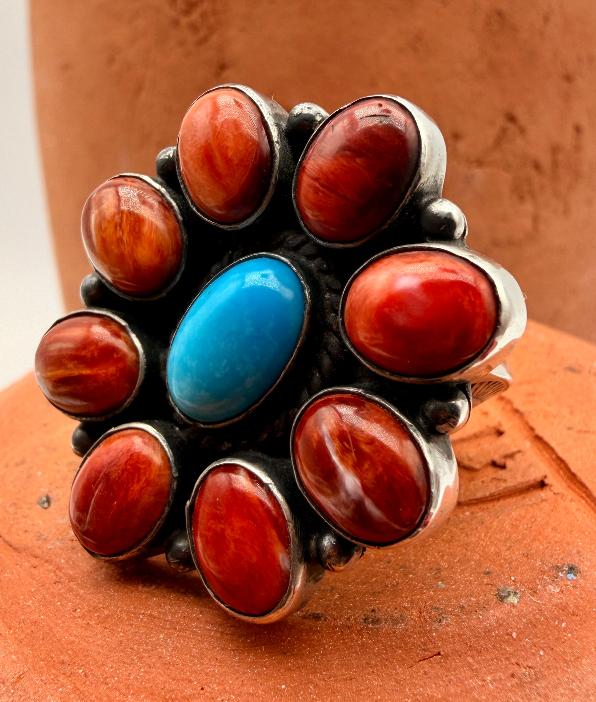 Turquoise & Spiny Oyster Sterling Silver Cluster Statement Ring