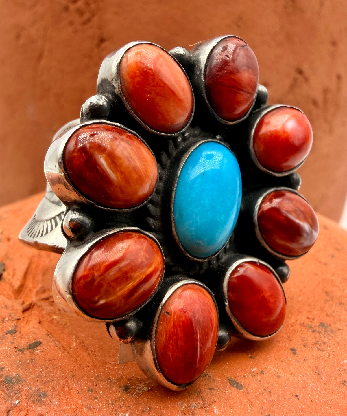 Turquoise & Spiny Oyster Sterling Silver Cluster Statement Ring