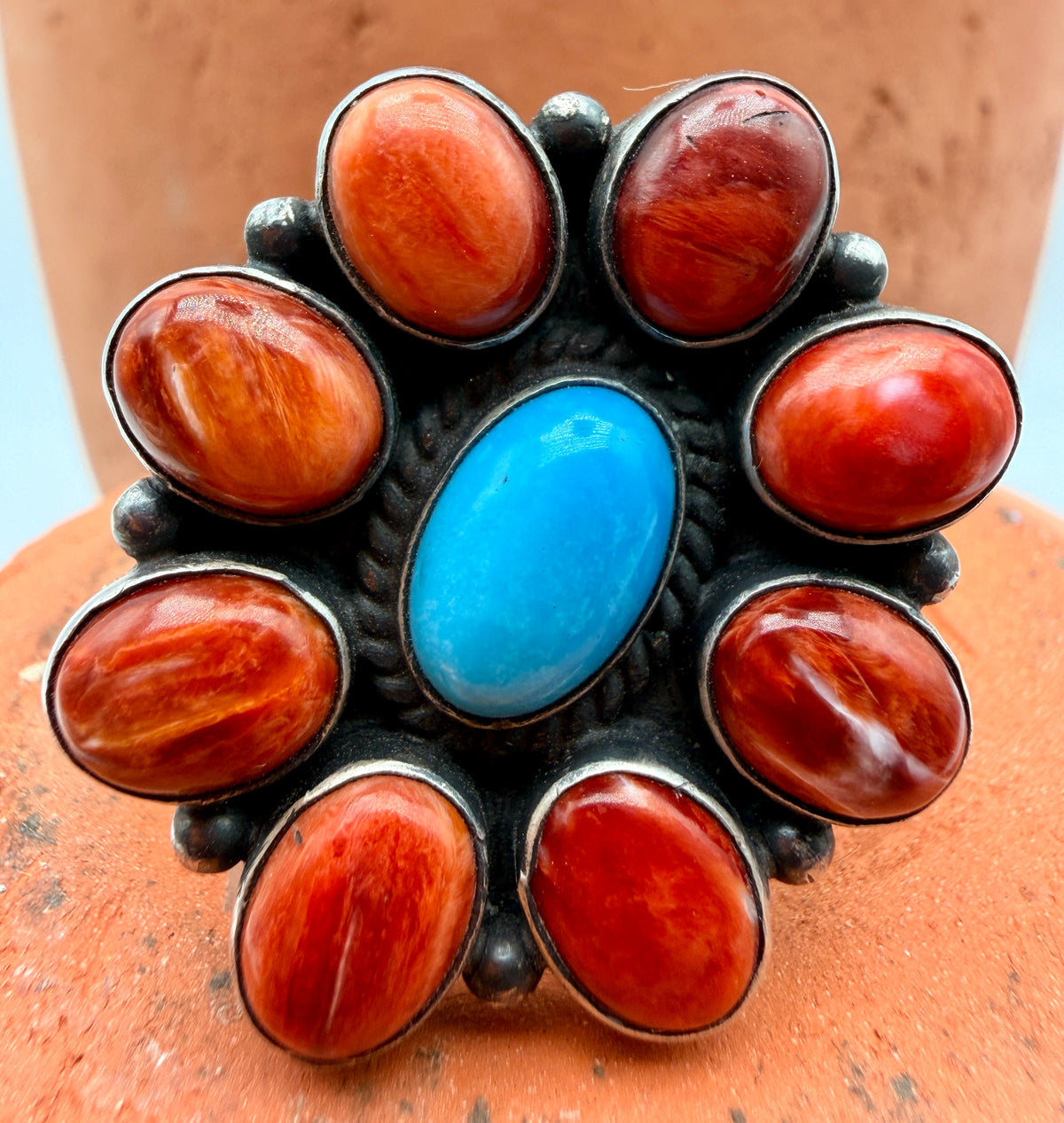 Turquoise and Spiny Oyster adjustable sterling silver cluster ring