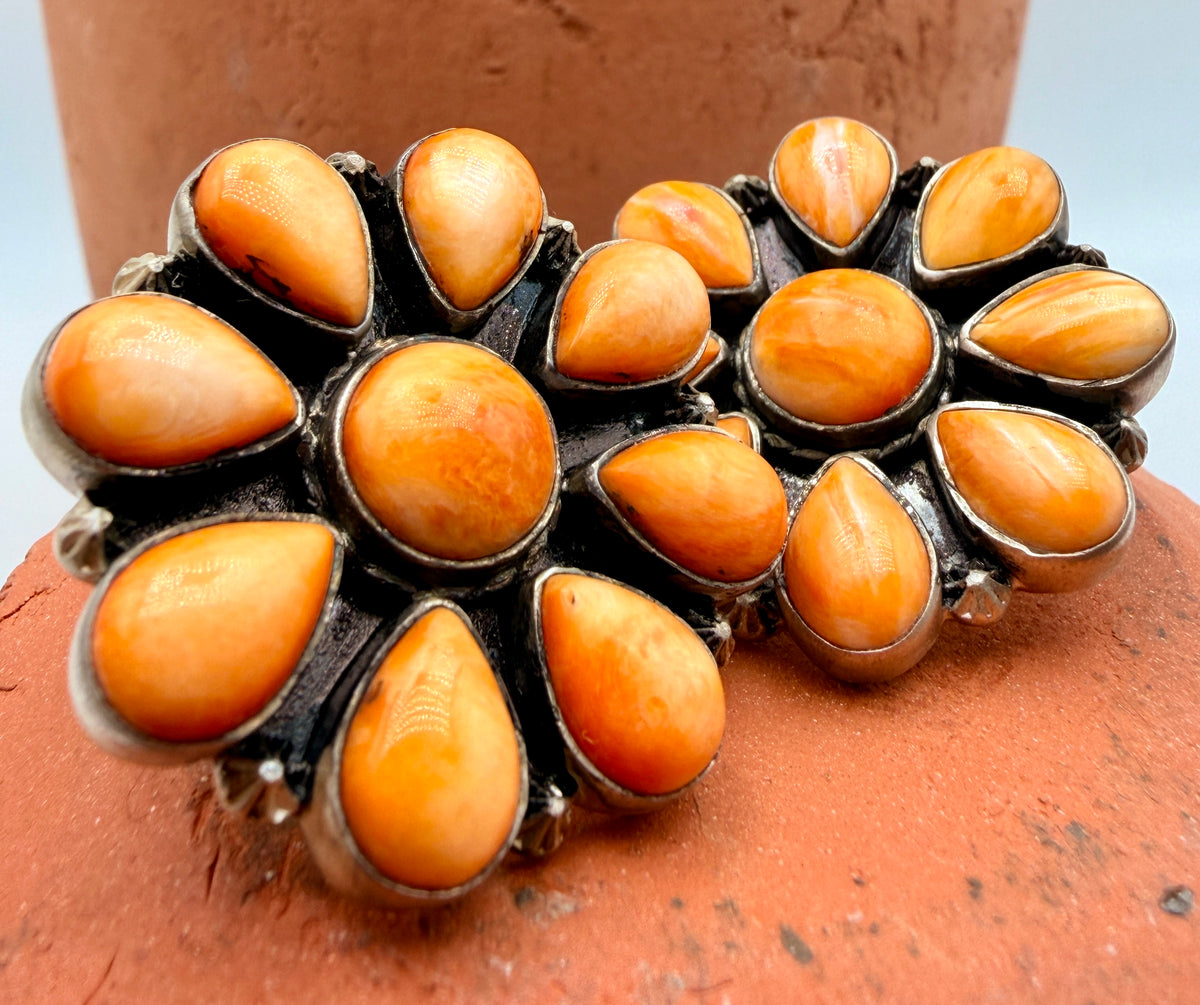 Pair of Orange Spiny Oyster sterling silver Southwestern cluster earrings