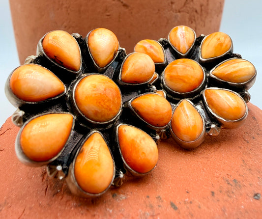 Pair of Orange Spiny Oyster sterling silver Southwestern cluster earrings