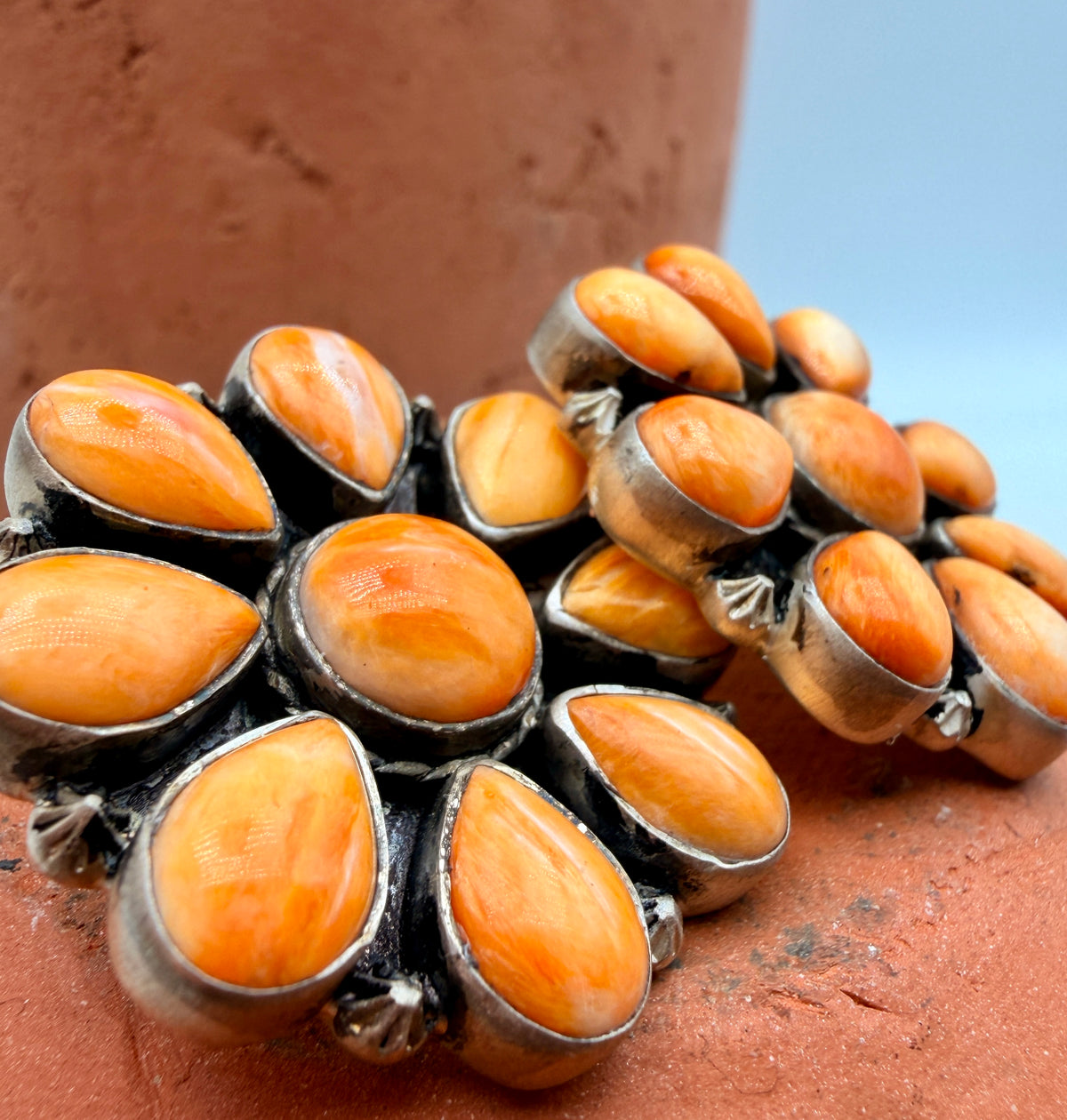 Orange Spiny Oyster Sterling Silver Cluster Earrings