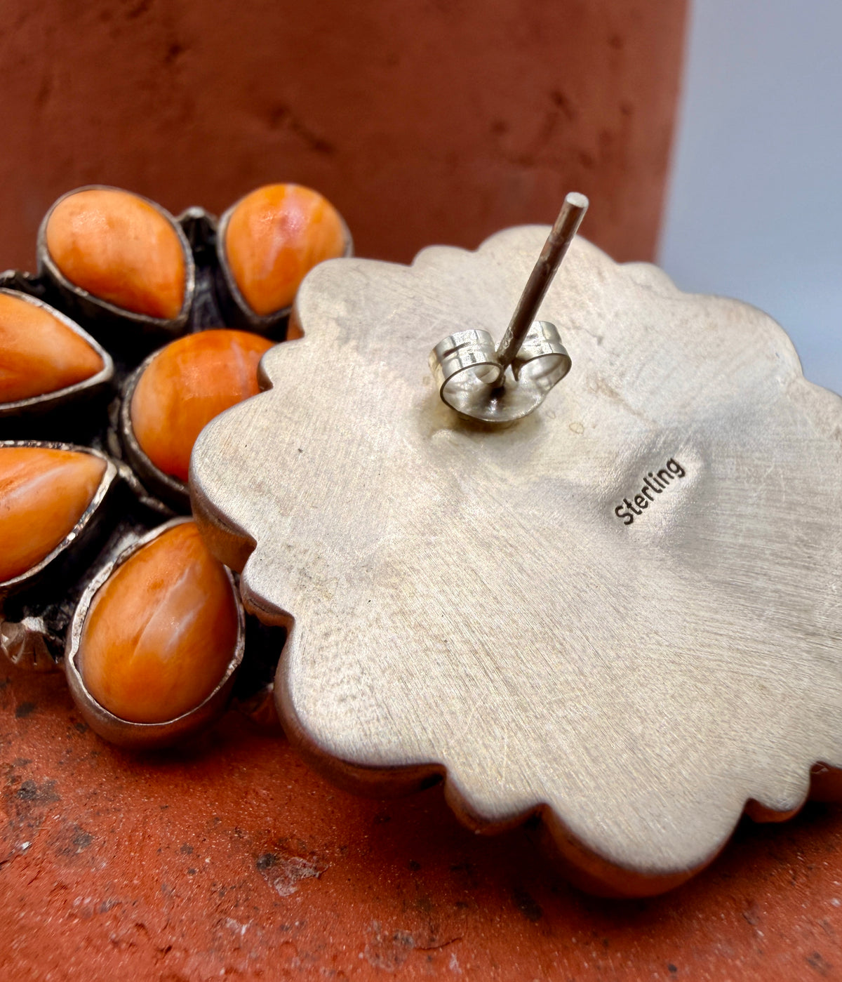 Orange Spiny Oyster Sterling Silver Cluster Earrings