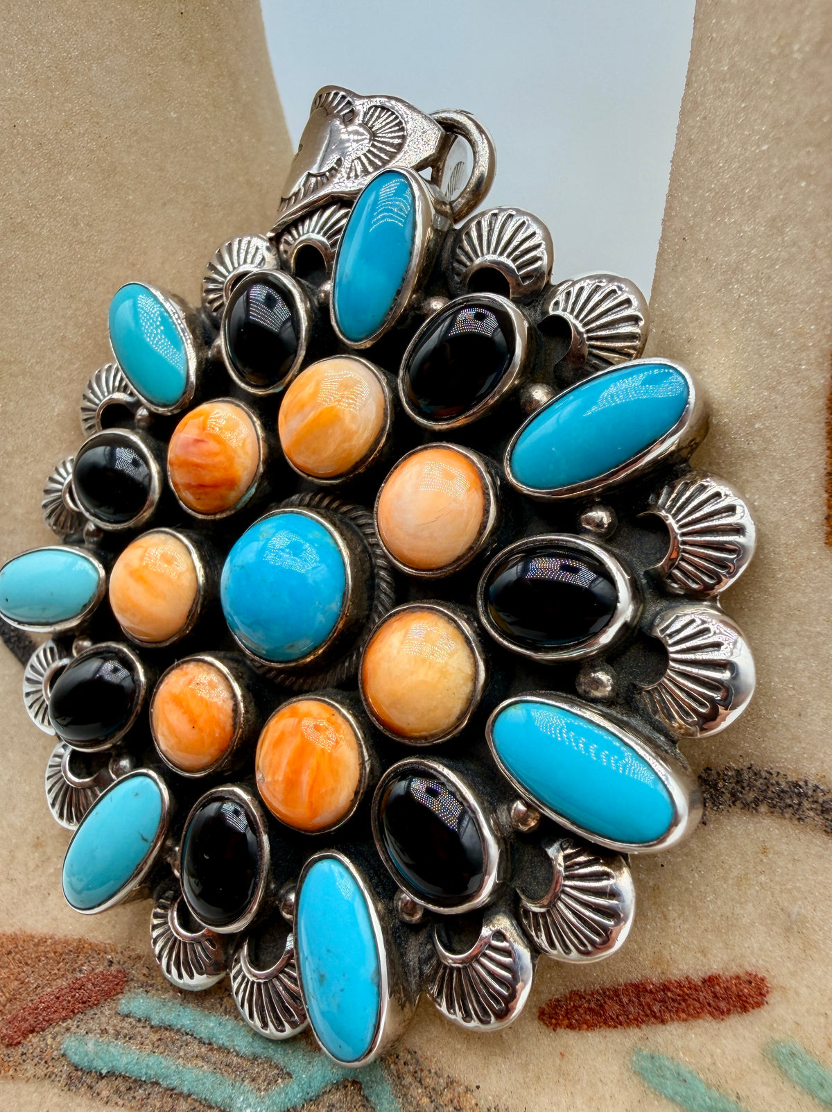 Sleeping Beauty Turquoise, Spiny Oyster & Black Onyx Sterling Silver Statement Pendant