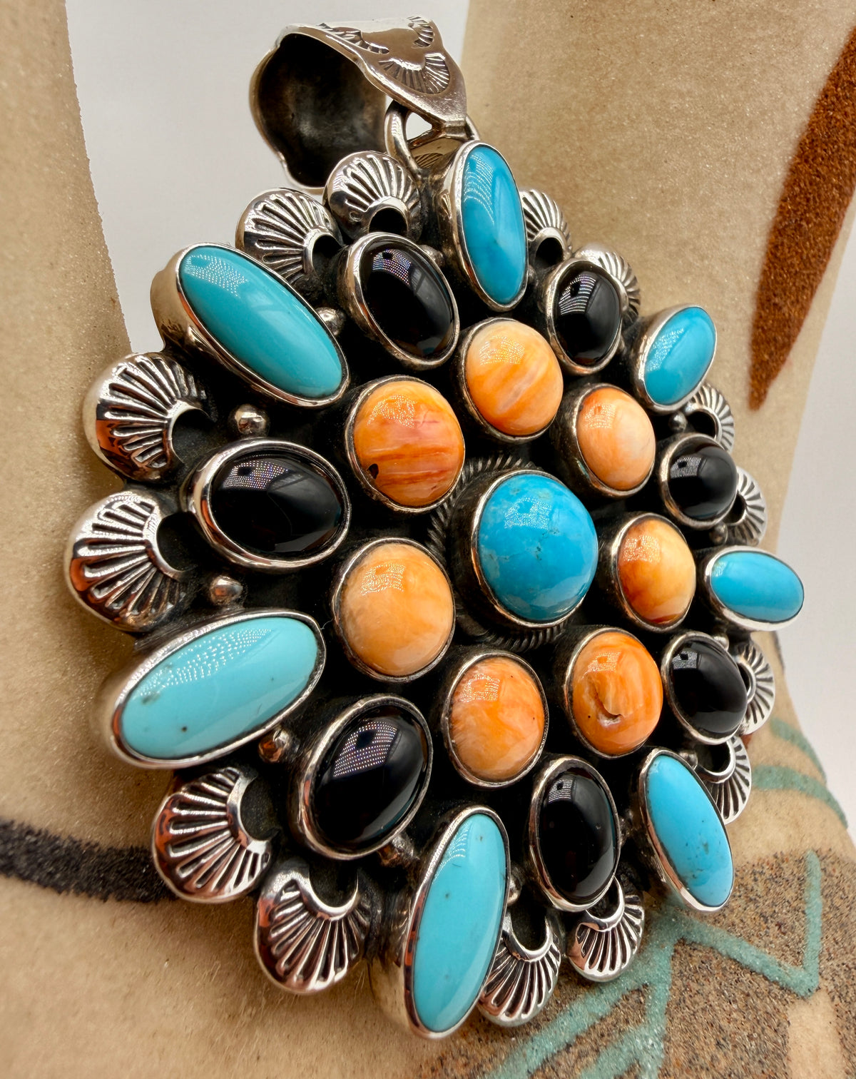 Sleeping Beauty Turquoise, Spiny Oyster & Black Onyx Sterling Silver Statement Pendant