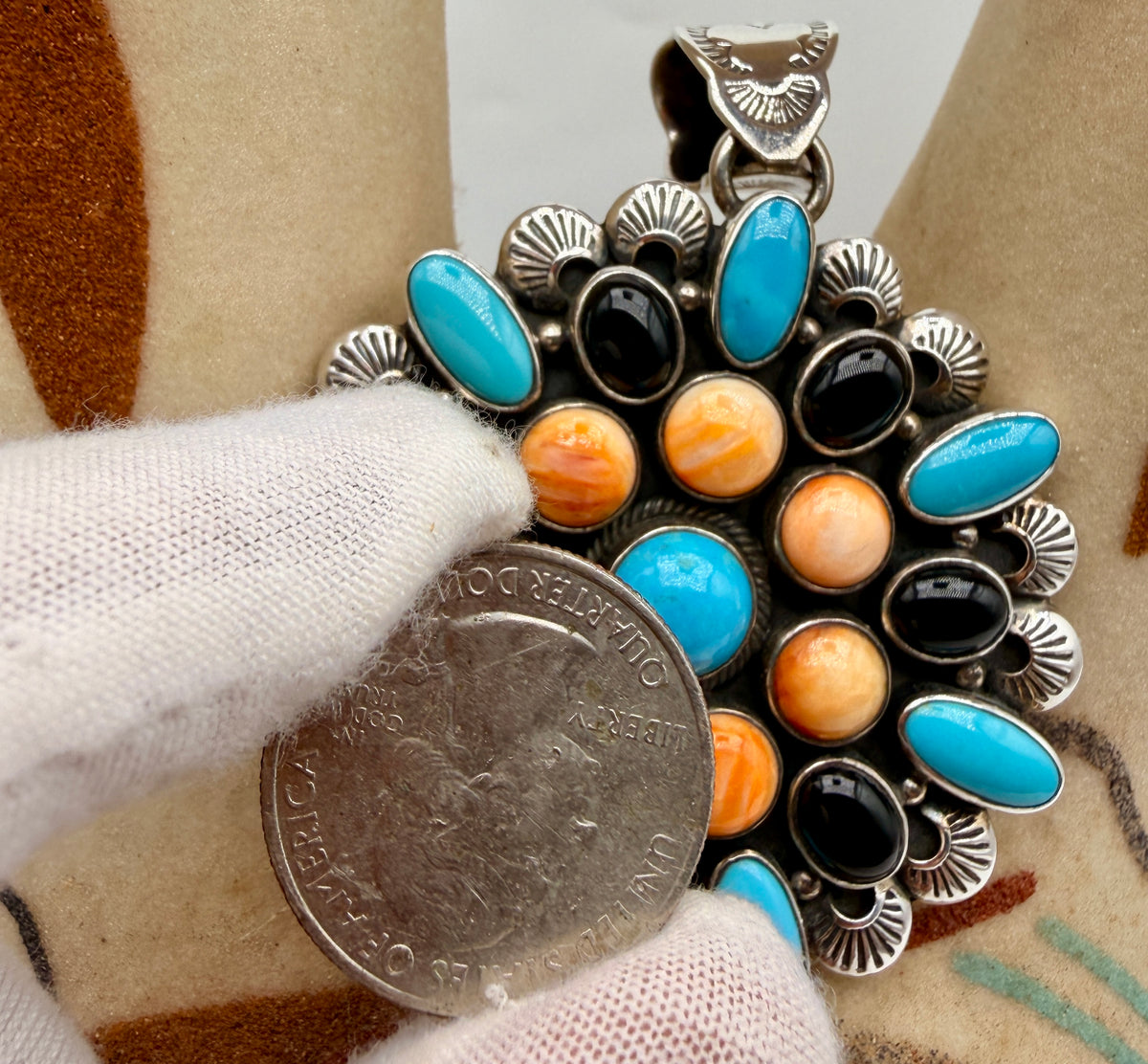 Sleeping Beauty Turquoise, Spiny Oyster & Black Onyx Sterling Silver Statement Pendant