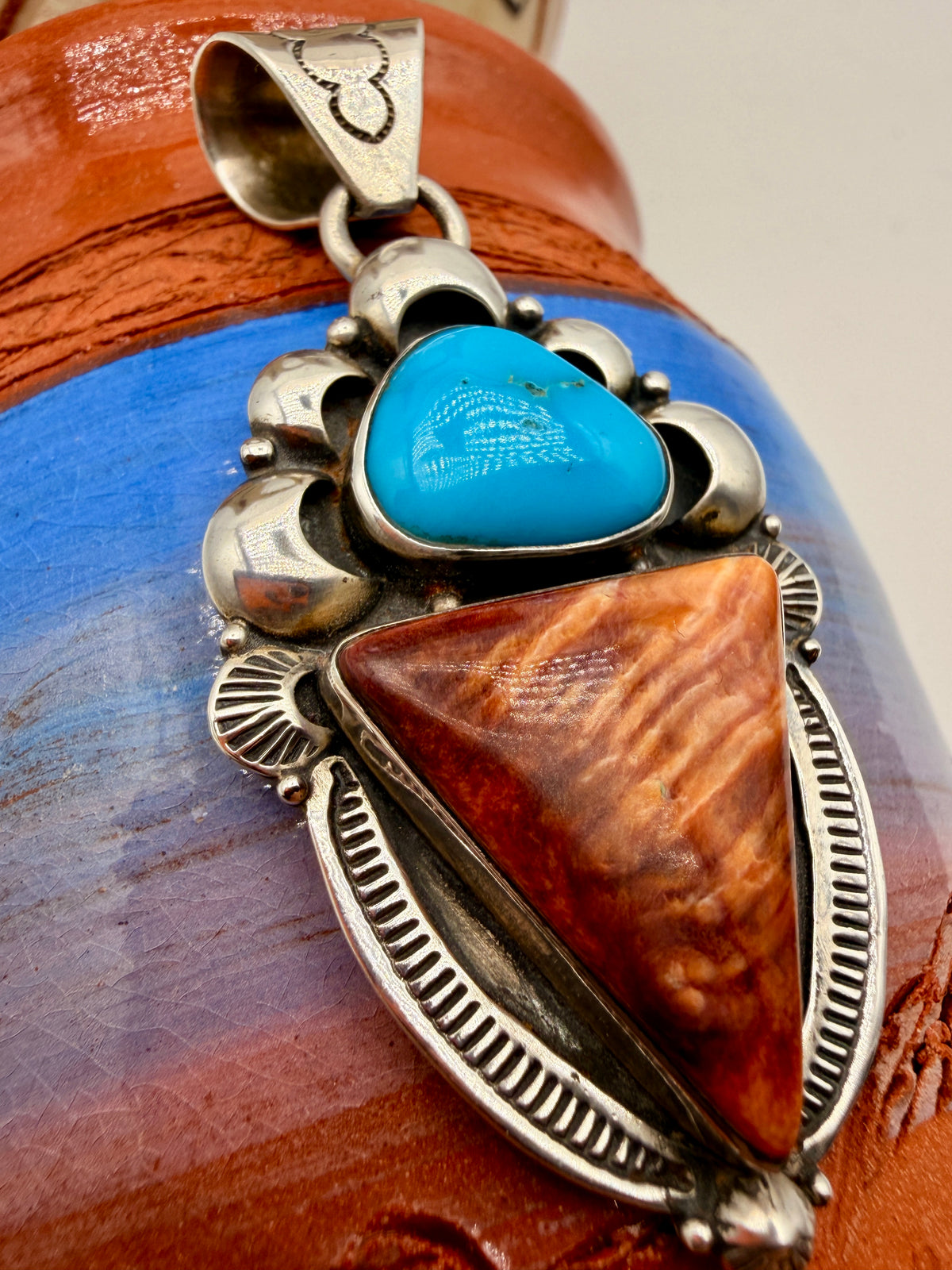 Blue Gem Turquoise & Spiny Oyster Sterling Silver Pendant