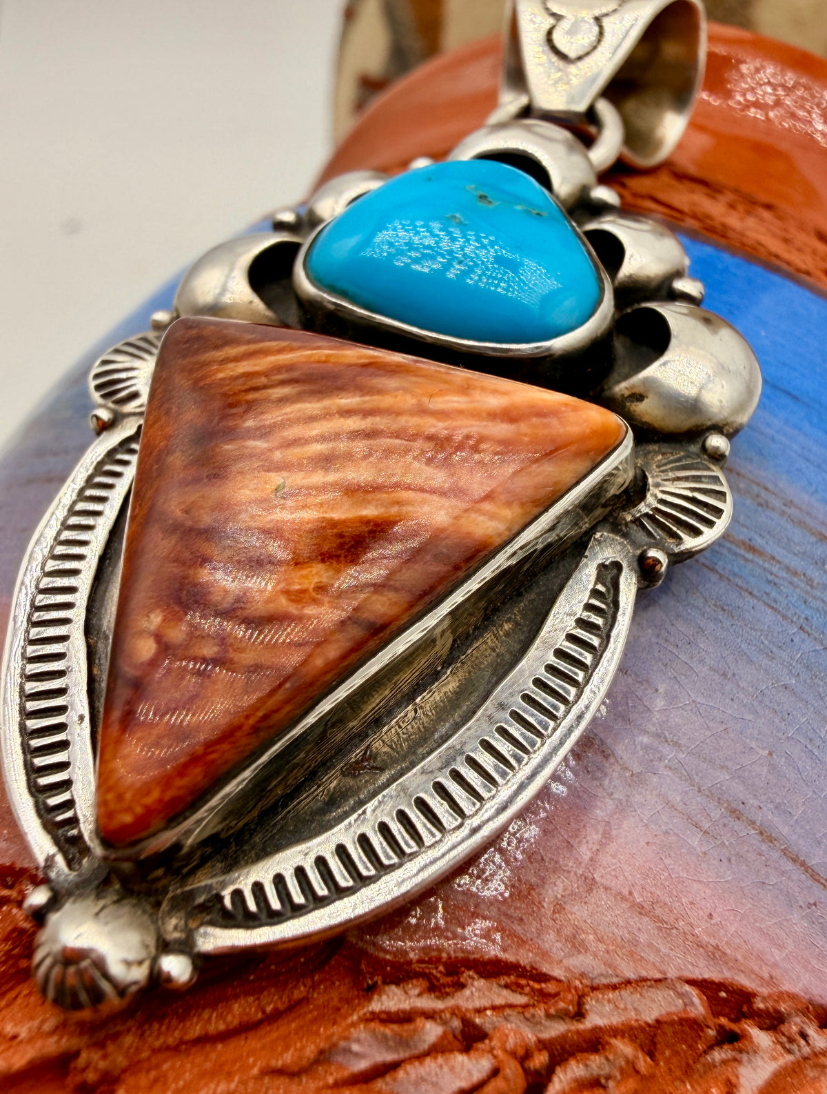 Blue Gem Turquoise & Spiny Oyster Sterling Silver Pendant