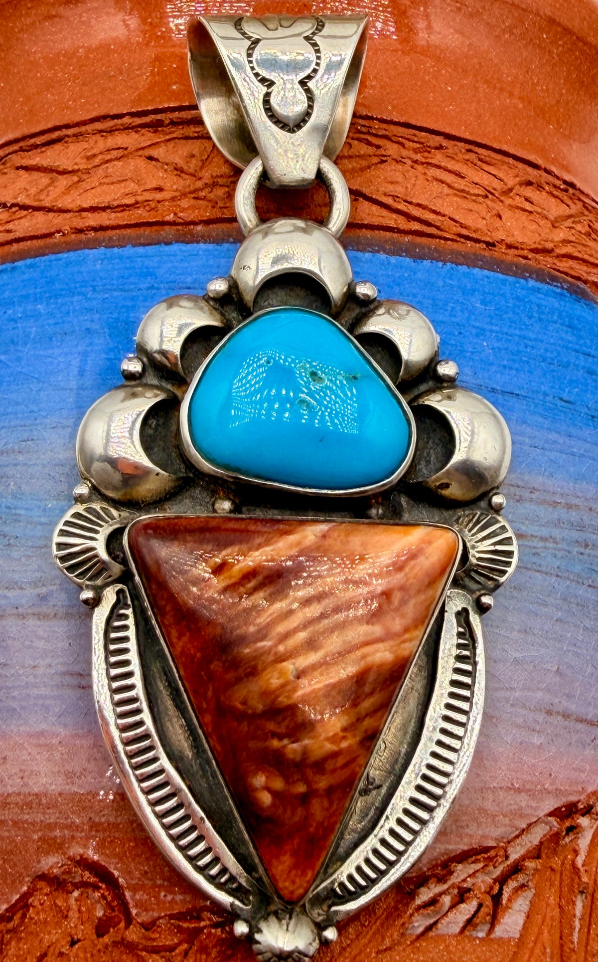Front view of Blue Gem Turquoise and Spiny Oyster two-stone silver pendant