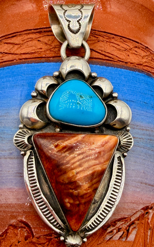 Front view of Blue Gem Turquoise and Spiny Oyster two-stone silver pendant