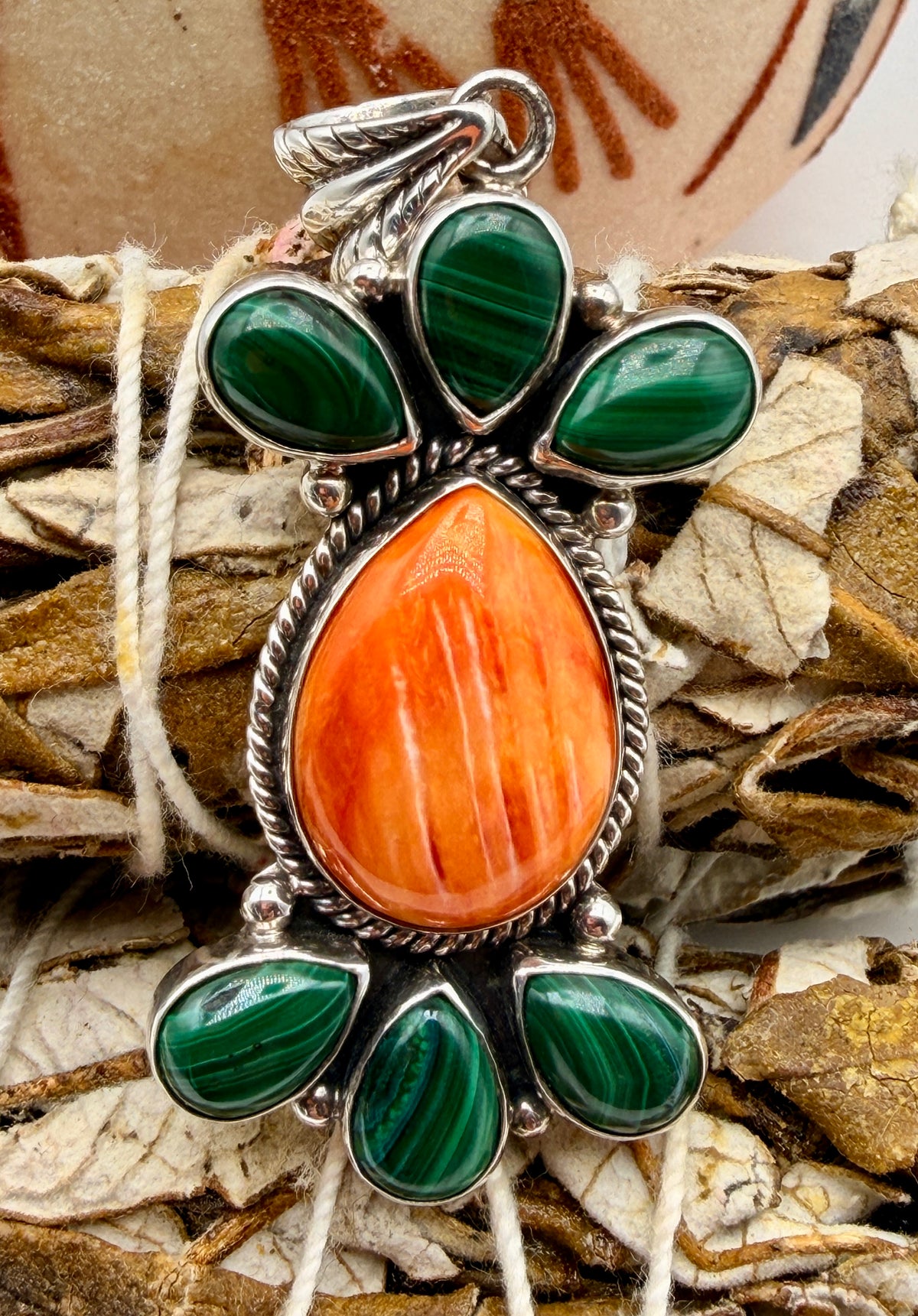 Malachite and Spiny Oyster sterling silver pendant with orange center stone