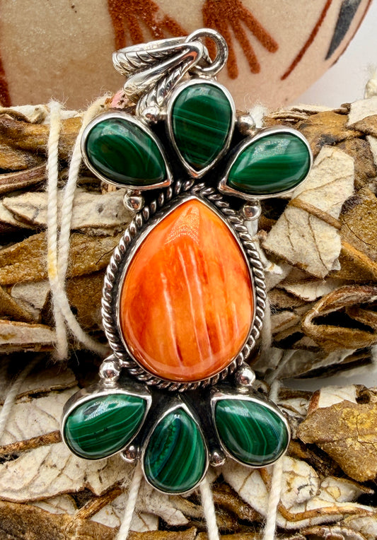 Malachite and Spiny Oyster sterling silver pendant with orange center stone