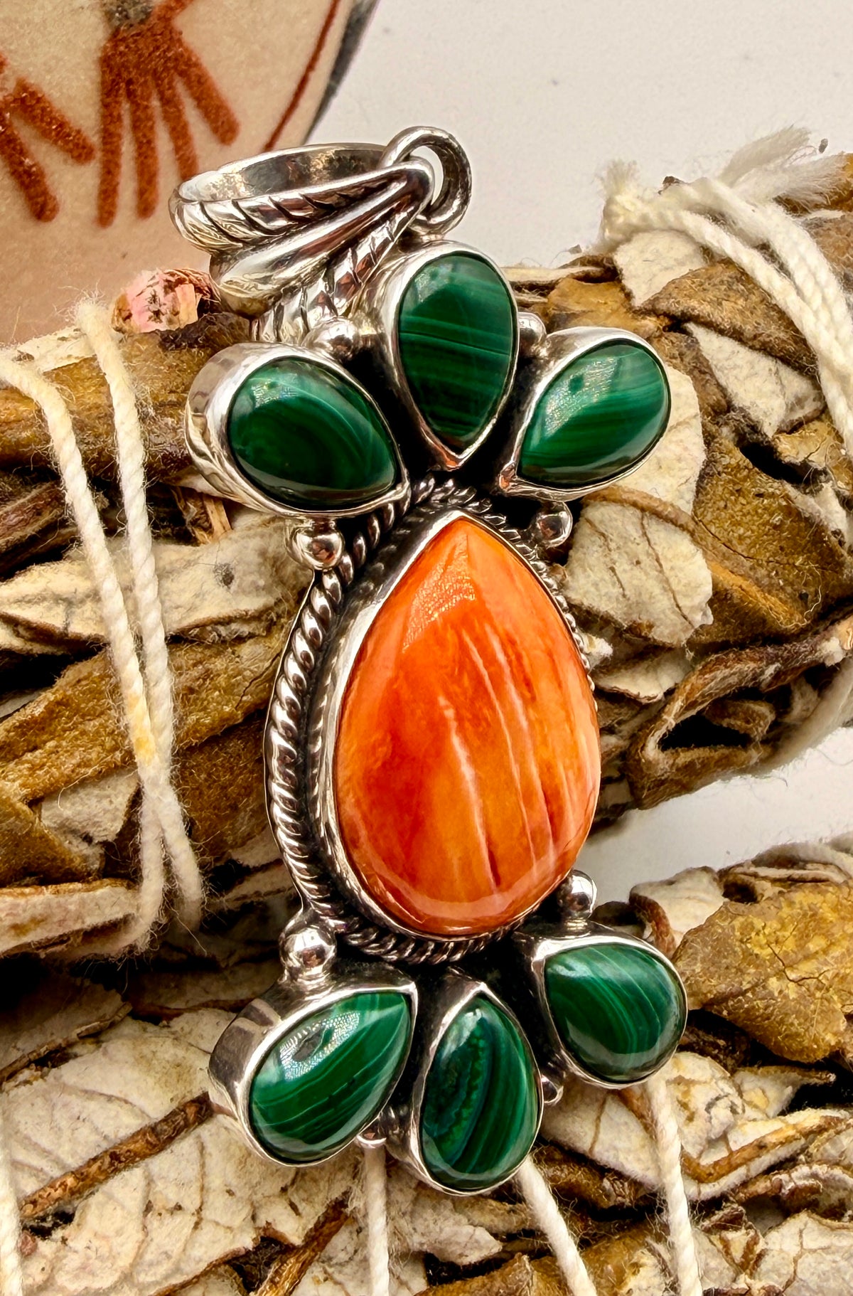 Malachite & Spiny Oyster Sterling Silver Pendant