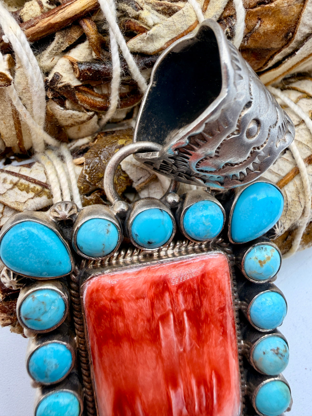 Cripple Creek Turquoise & Spiny Oyster Sterling Silver Statement Pendant