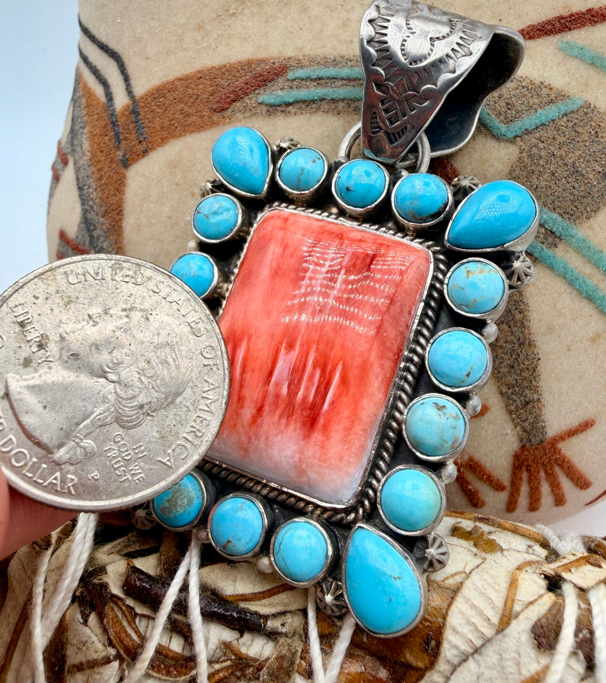 Cripple Creek Turquoise & Spiny Oyster Sterling Silver Statement Pendant