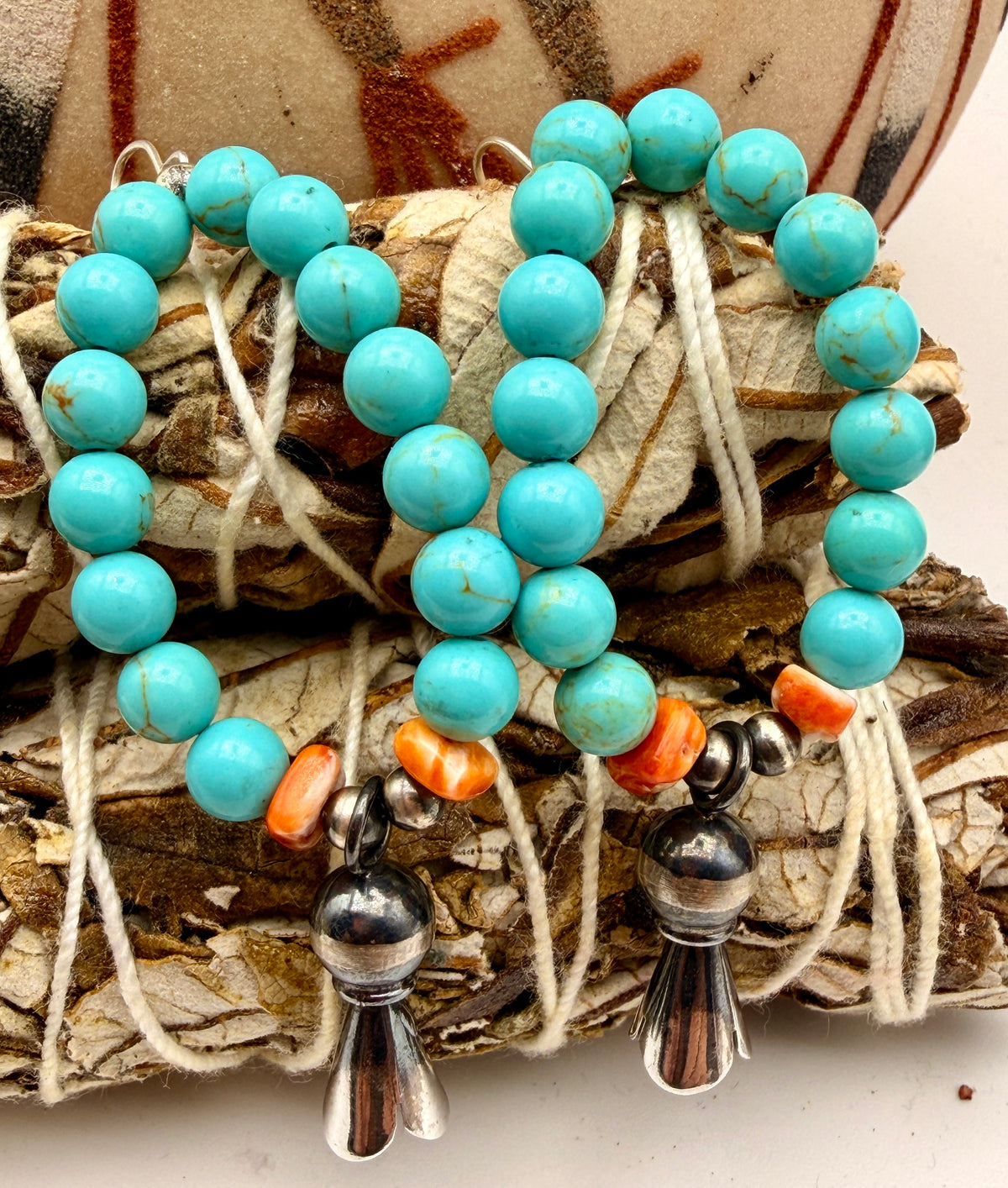 Turquoise and Spiny Oyster sterling silver dangle earrings with round blue turquoise beads, orange shell accents and silver drops