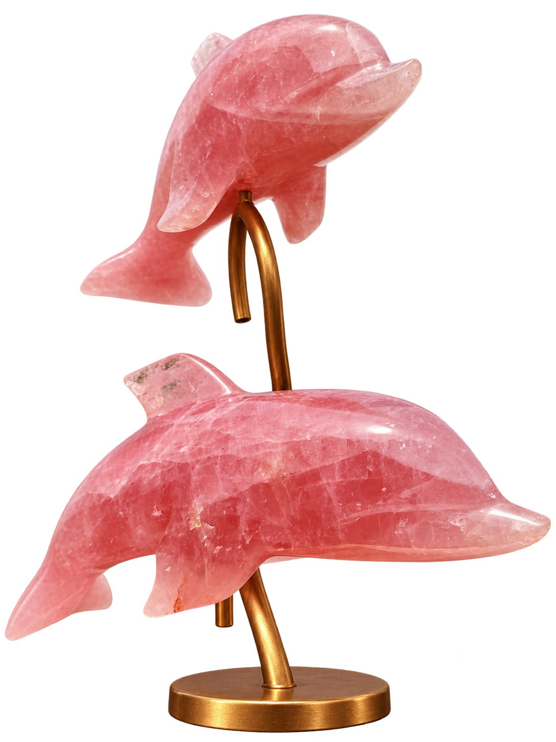 Close-up of polished rose quartz dolphin carving showing natural crystal color and inclusions