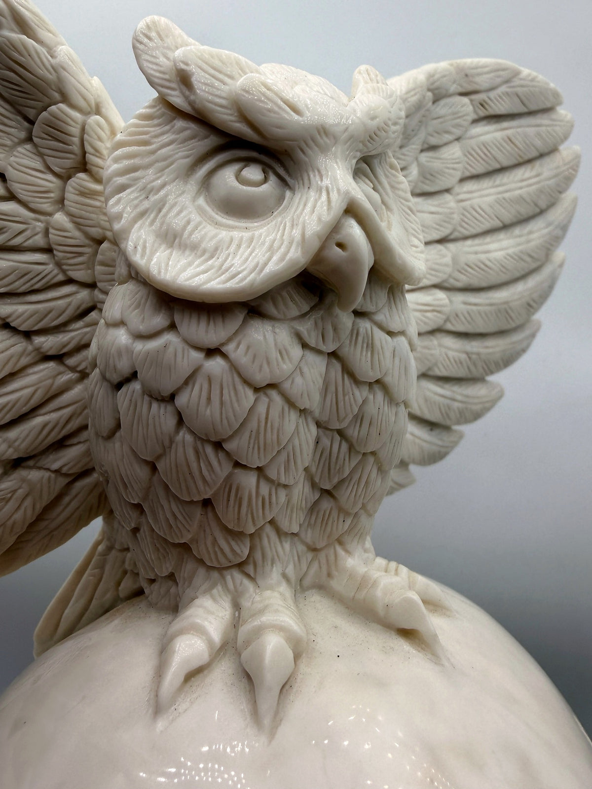 “Messenger of Death” White Jade Skull & Owl Carving – 9" Collector Sculpture
