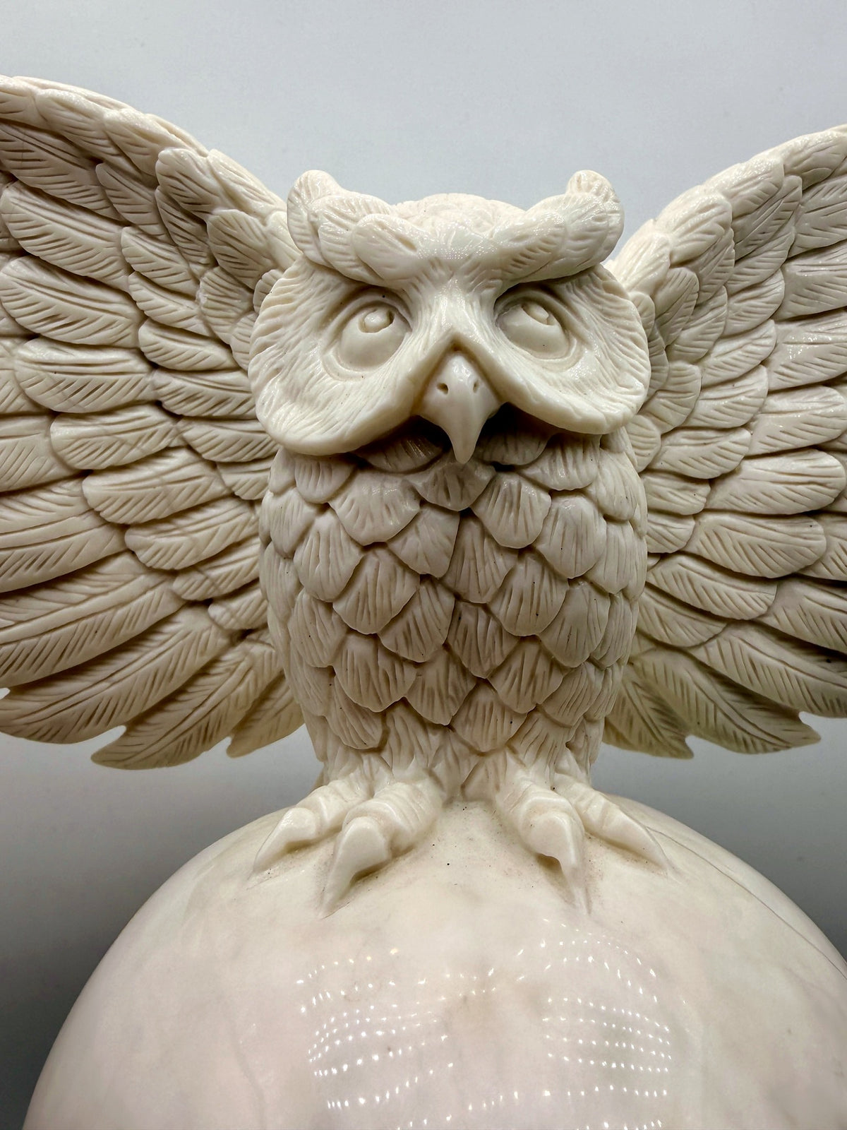 “Messenger of Death” White Jade Skull & Owl Carving – 9" Collector Sculpture