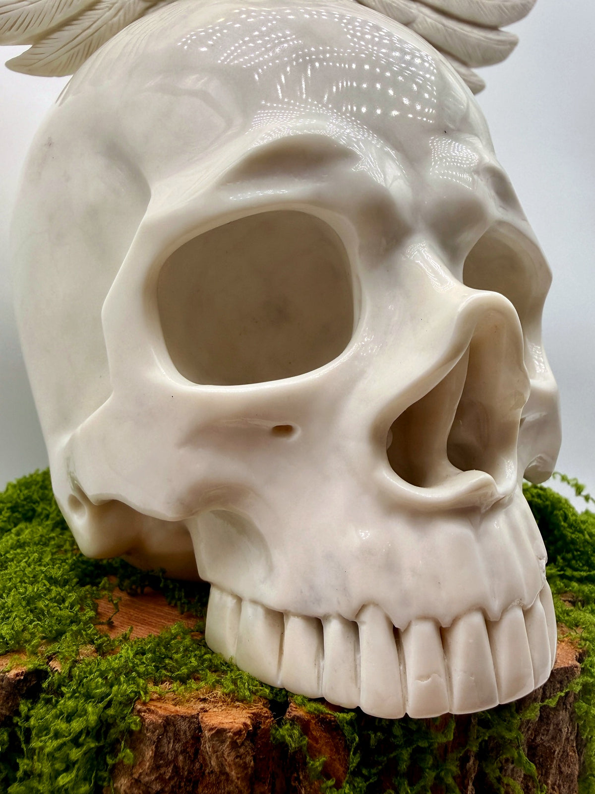 “Messenger of Death” White Jade Skull & Owl Carving – 9" Collector Sculpture