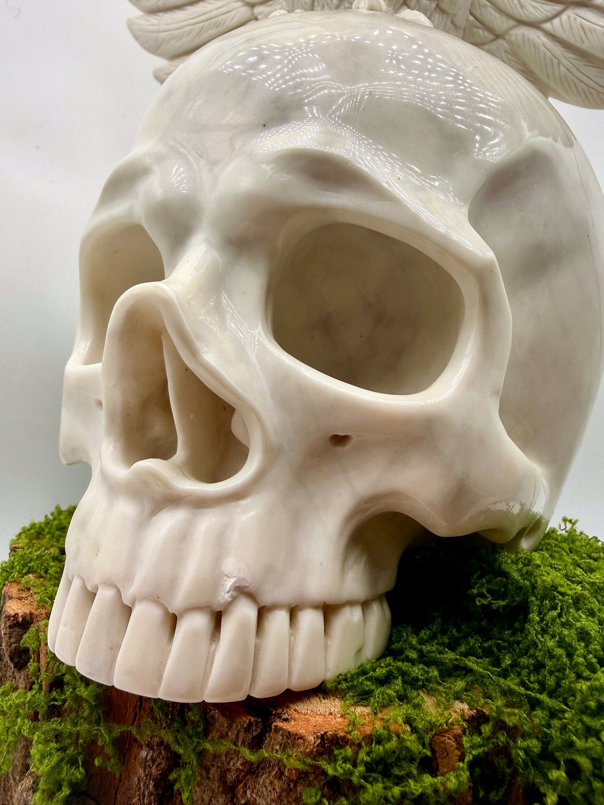 “Messenger of Death” White Jade Skull & Owl Carving – 9" Collector Sculpture