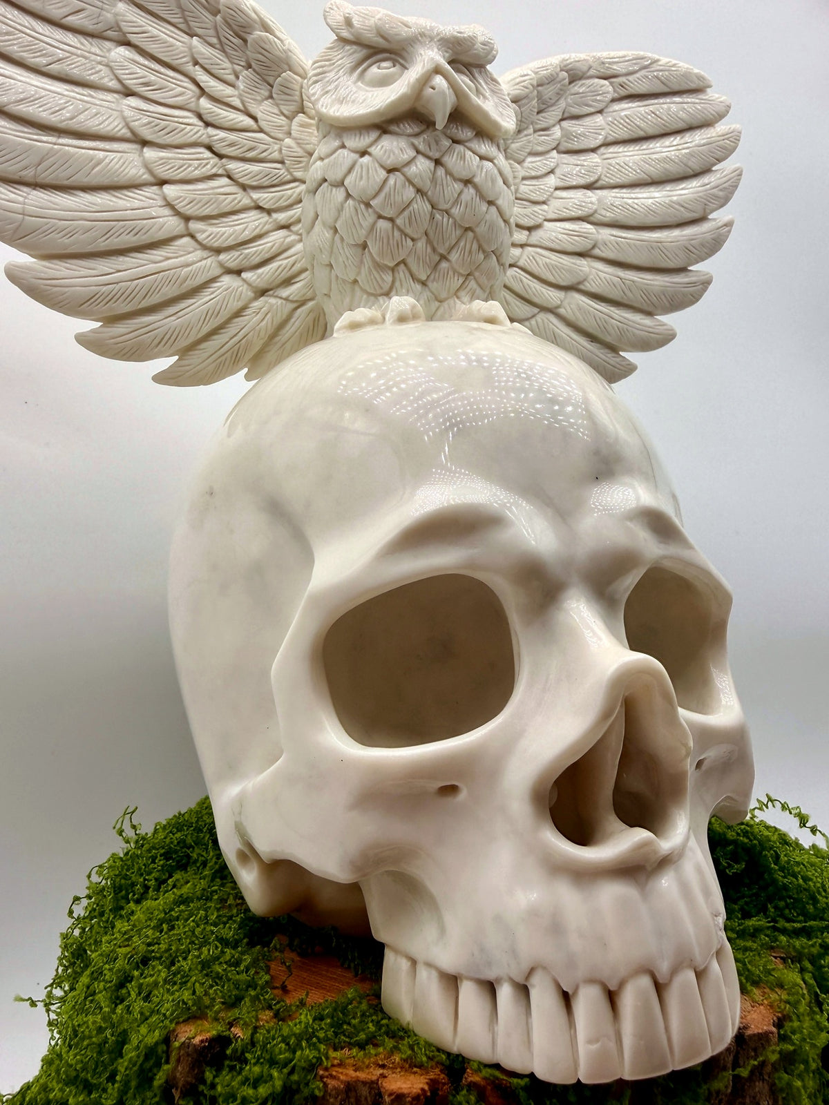 “Messenger of Death” White Jade Skull & Owl Carving – 9" Collector Sculpture