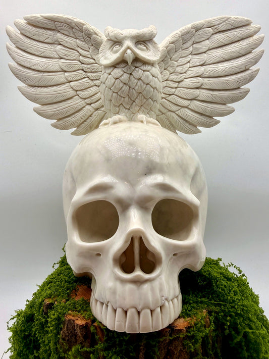 Messenger of Death large white jade skull and owl carving with spread wings, 9-inch collector stone sculpture
