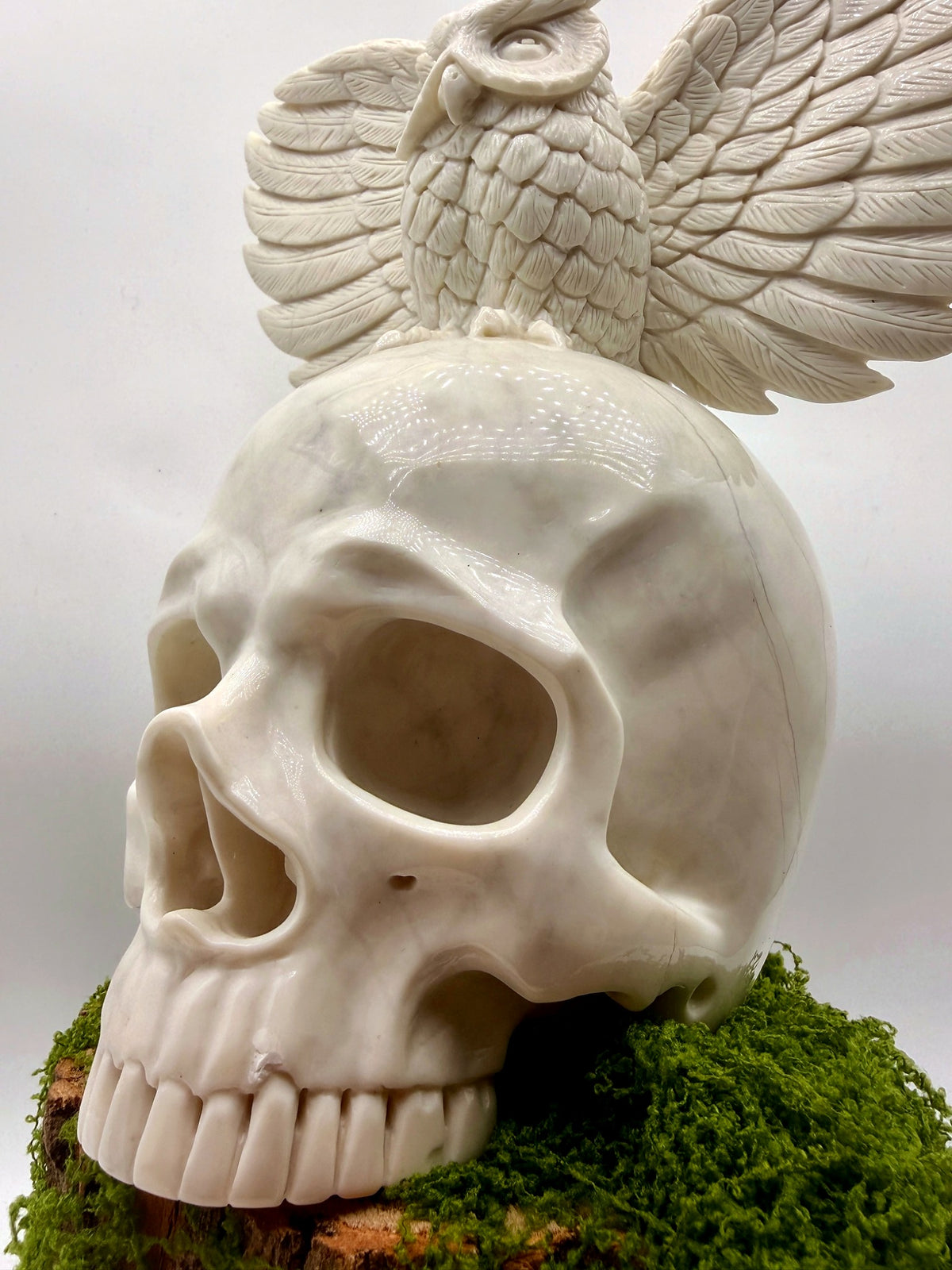 “Messenger of Death” White Jade Skull & Owl Carving – 9" Collector Sculpture