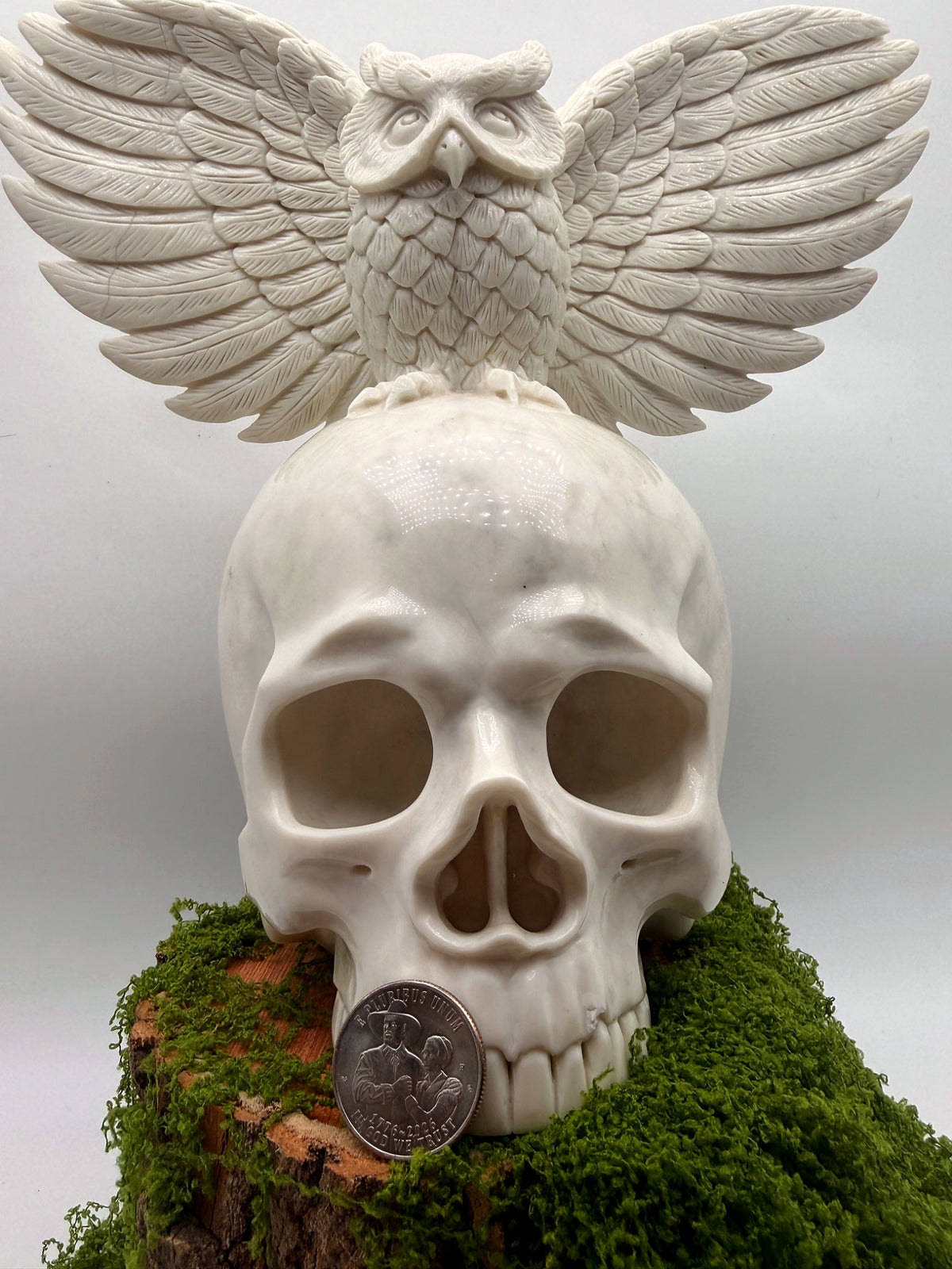 “Messenger of Death” White Jade Skull & Owl Carving – 9" Collector Sculpture