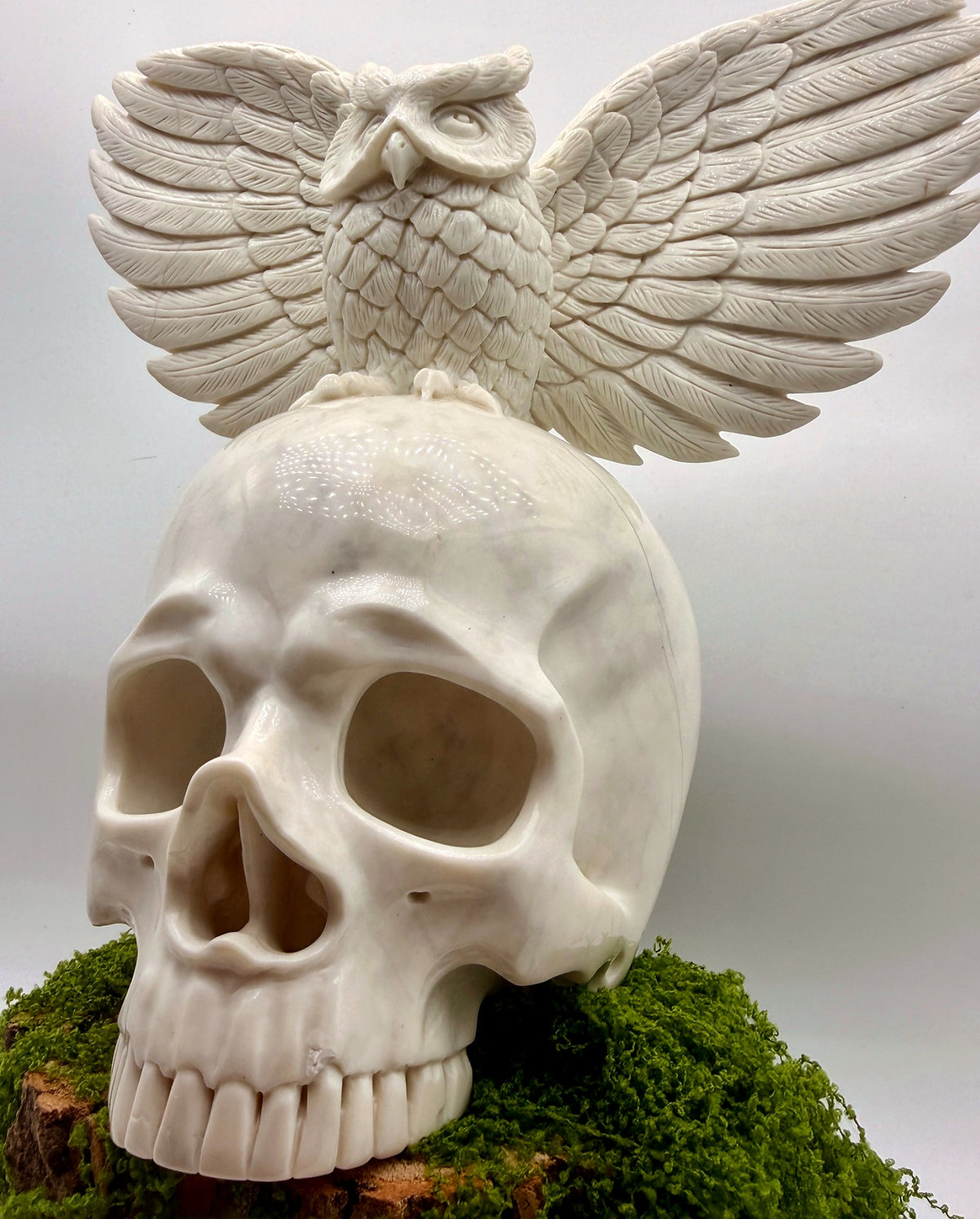“Messenger of Death” White Jade Skull & Owl Carving – 9" Collector Sculpture